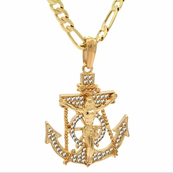 Hip Hop 14K Gold Pt Jesus Anchor Pendant Fully Iced 30 Italy Figaro Chain